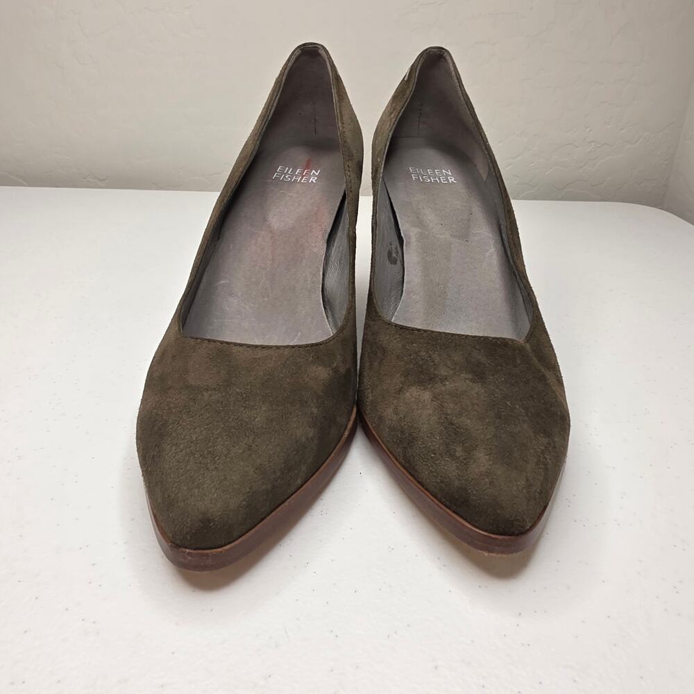 Eileen Fisher Hawk Olive Green Suede Block Heel Size 7 - Picture 3 of 14